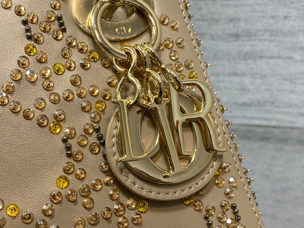 CD Mini Lady Dior Bag 17cm Beige Cowhide Leather Crystal 160004