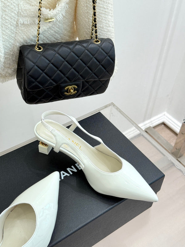 CC 26A Pointed Toe Slingback Pumps White Patent Cowhide 904668