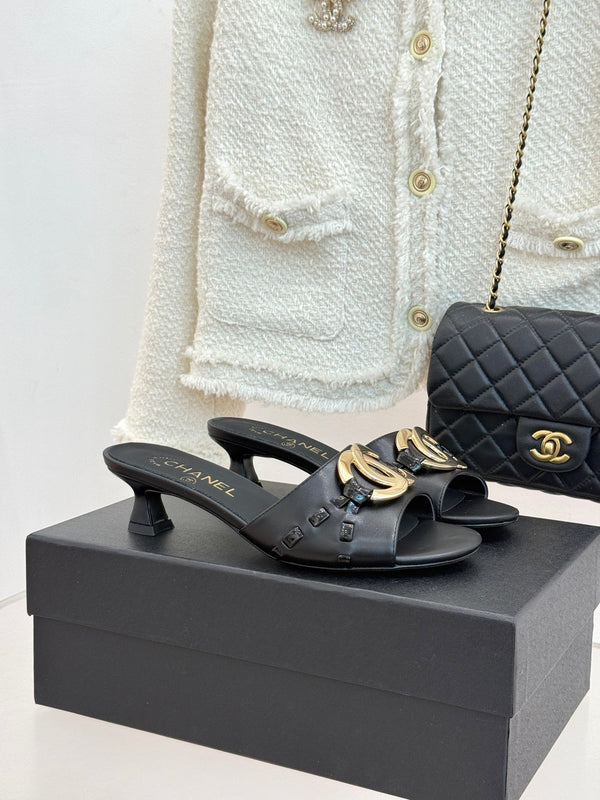 CC Flared Heel Mules Black Lambskin Leather 904665