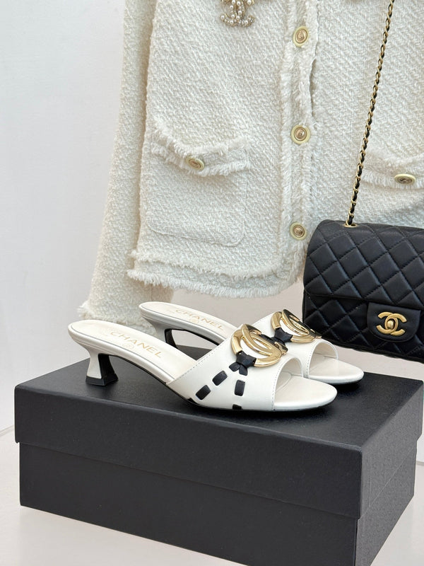 CC Flared Heel Mules White Lambskin Leather 904660