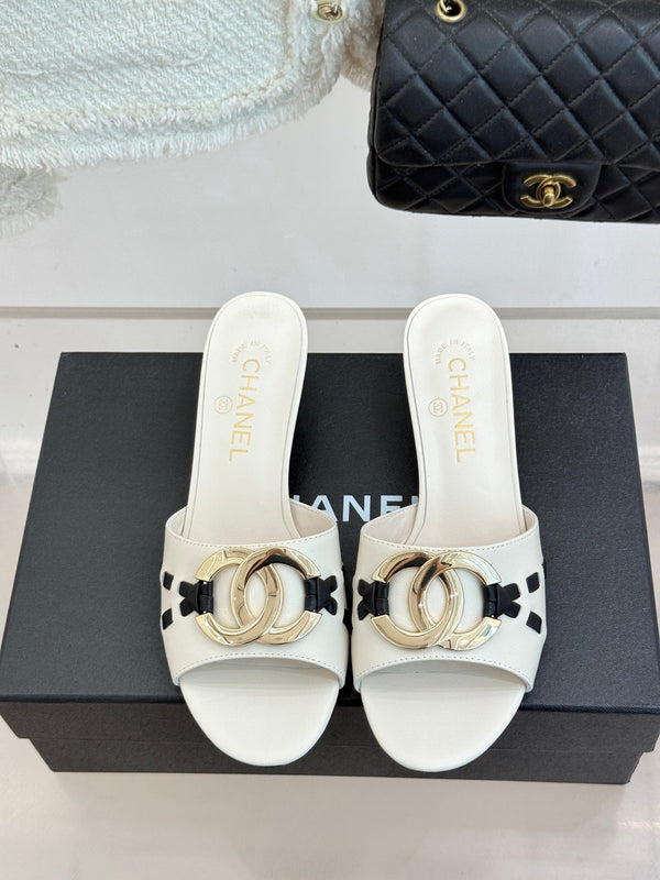 CC Flared Heel Mules White Lambskin Leather 904660