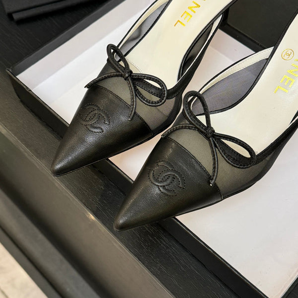 CC Bow Pointed Toe Mules Black Mesh & Leather 912941