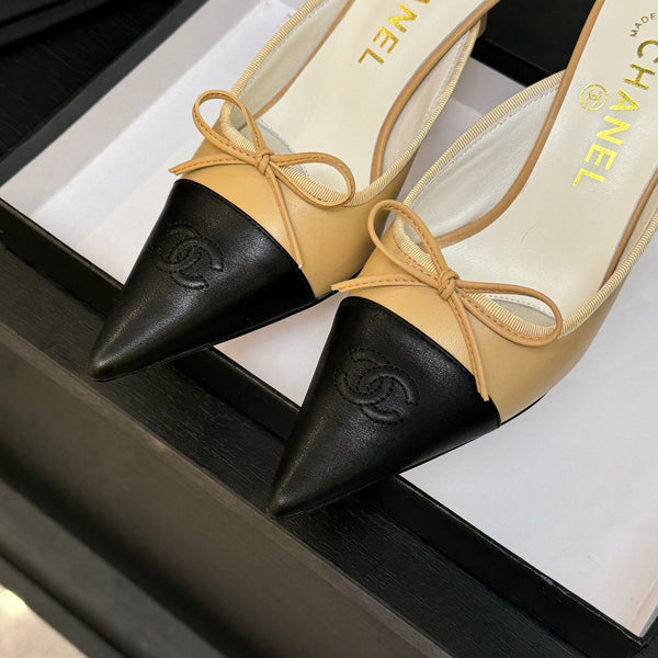 CC Bow Pointed Toe Mules Black Beige Leather 912938