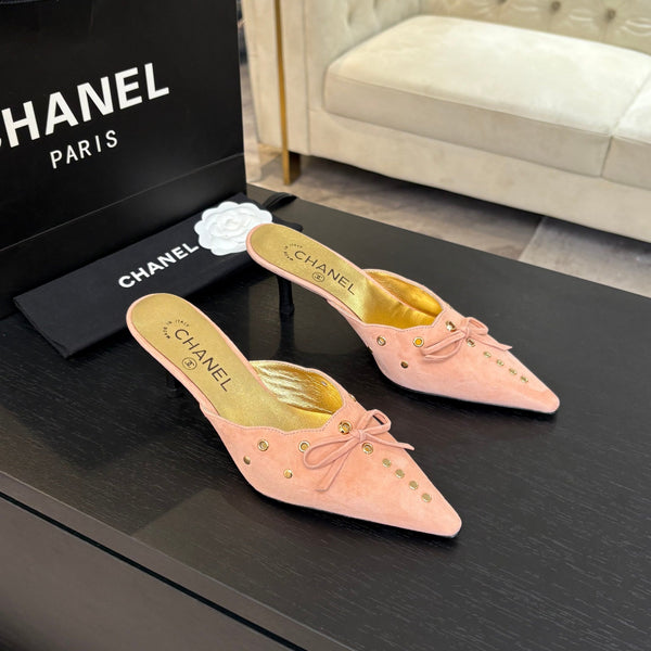 CC Grommet Bow Mules 6.5cm Pink Suede Leather 912927