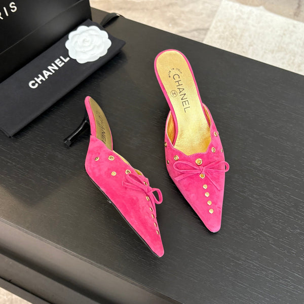 CC Grommet Bow Mules 6.5cm Hot Pink Suede Leather 912926