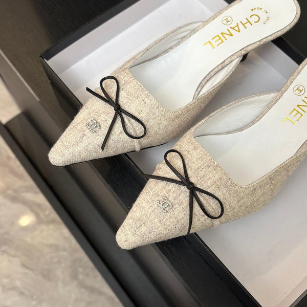 CC Bow Pointed Toe Mules 6.5cm Beige Tweed 912921