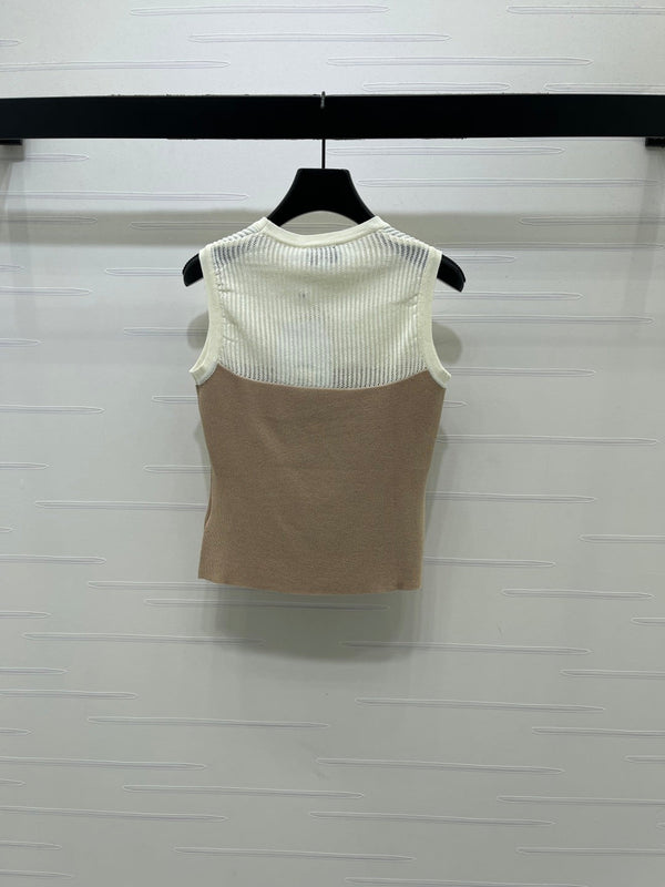 CC Crystal Camellia Tank Top Beige Brown Wool 406415