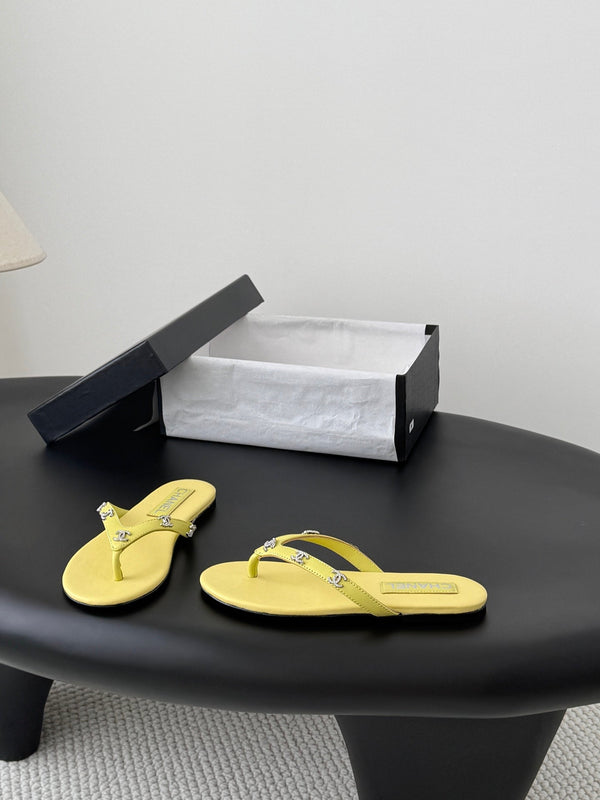 CC Crystal Logo Thong Sandals Yellow Leather 915118
