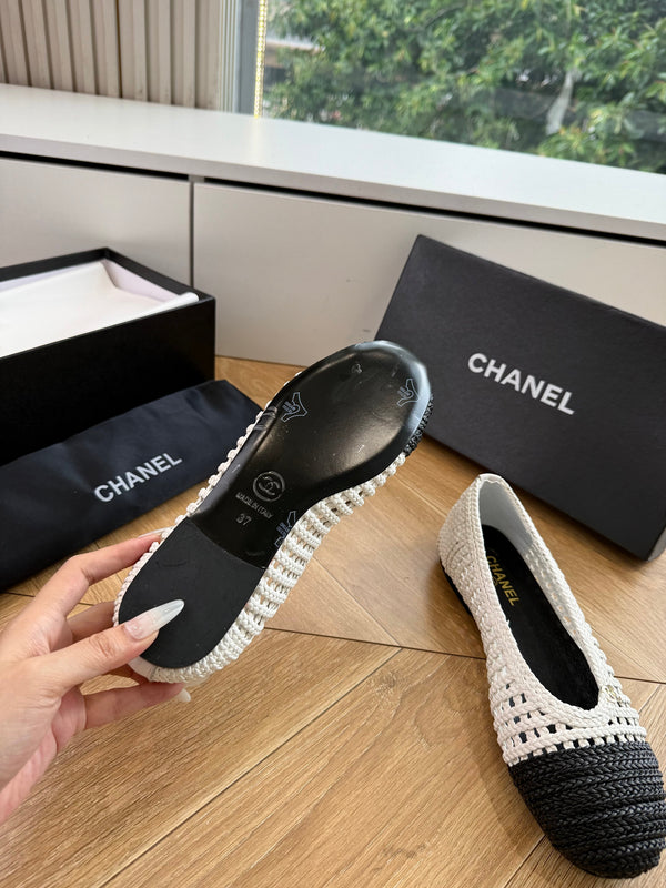 CC Braided Ballet Flats Black White Fabric 916121
