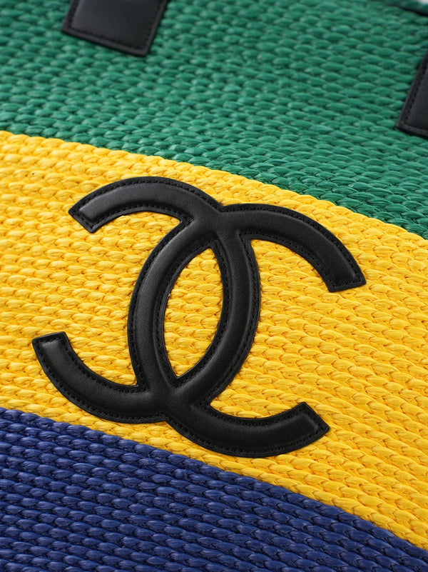 CC Coco Beach Maxi Shopping 58cm Bag Green Yellow Blue Braided Raffia 162469