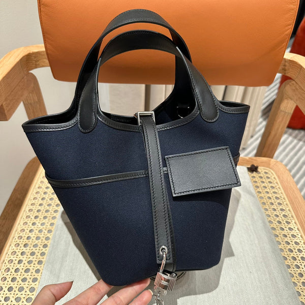 HM Picotin Lock 18CM Pocket Handbag Navy Black Swift Canvas