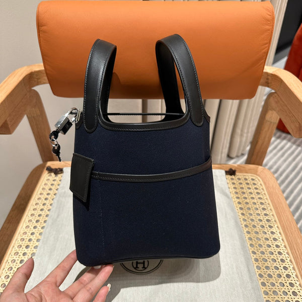 HM Picotin Lock 18CM Pocket Handbag Navy Black Swift Canvas
