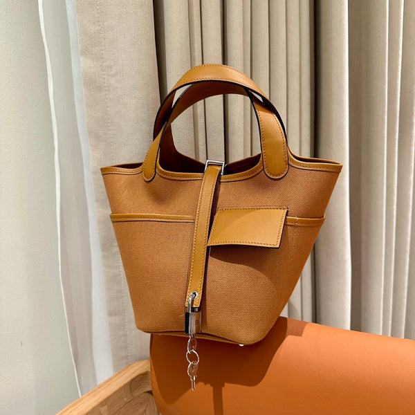 HM Picotin Lock 18CM Pocket Handbag Camel Swift Canvas
