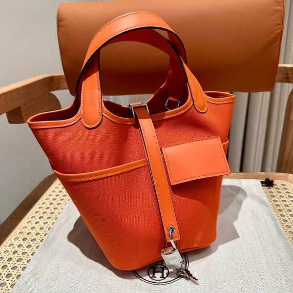 HM Picotin Lock 18CM Pocket Handbag Orange Swift Canvas