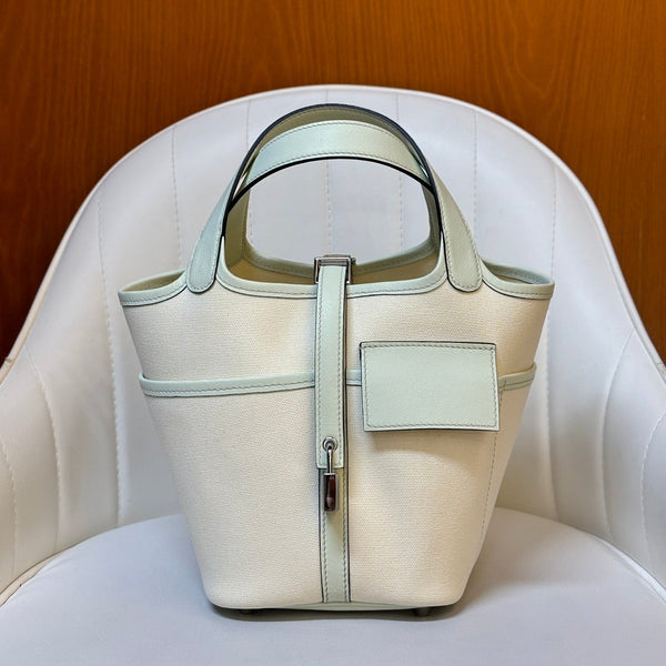 HM Picotin Lock 18CM Pocket Handbag Ivory Mint Green Swift Canvas
