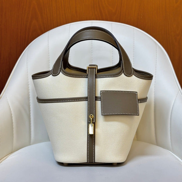 HM Picotin Lock 18CM Pocket Handbag Ivory Etoupe Swift Canvas
