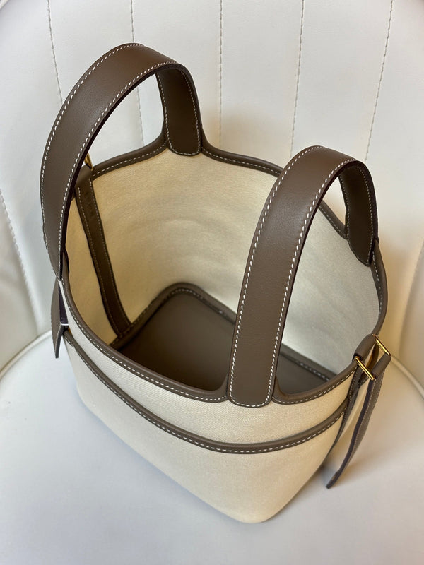 HM Picotin Lock 18CM Pocket Handbag Ivory Etoupe Swift Canvas