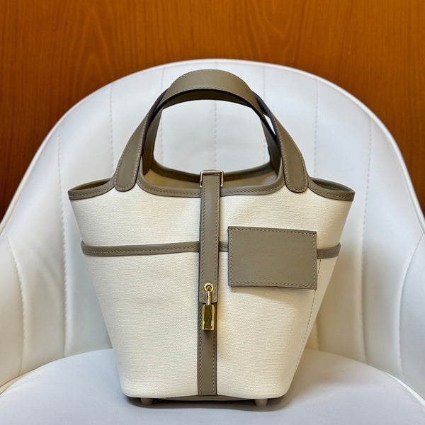 HM Picotin Lock 18CM Pocket Handbag Ivory Kakhi Swift Canvas
