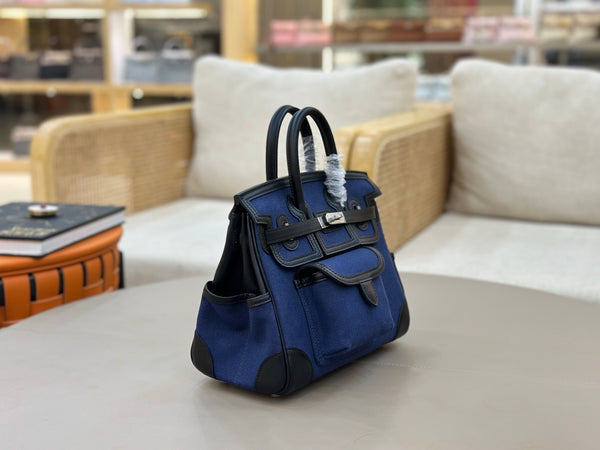 HM Birkin Cargo 25CM Handbag Black Navy Swift Canvas