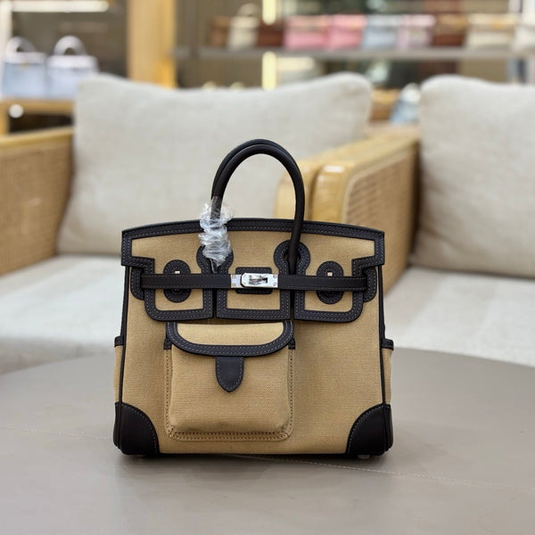 HM Birkin Cargo 25CM Handbag Black Beige Swift Canvas