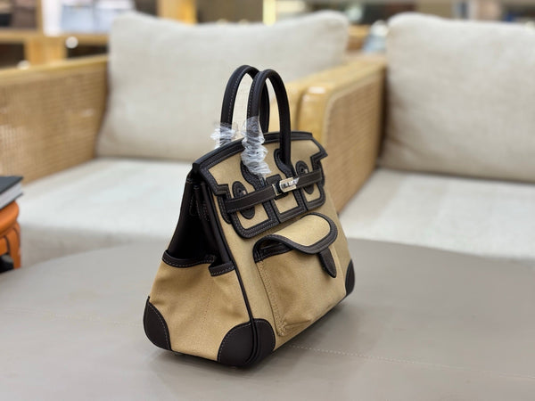 HM Birkin Cargo 25CM Handbag Black Beige Swift Canvas