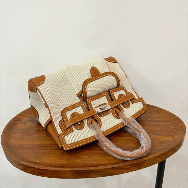 HM Birkin Cargo 25CM Handbag Ivory Brown Swift Canvas
