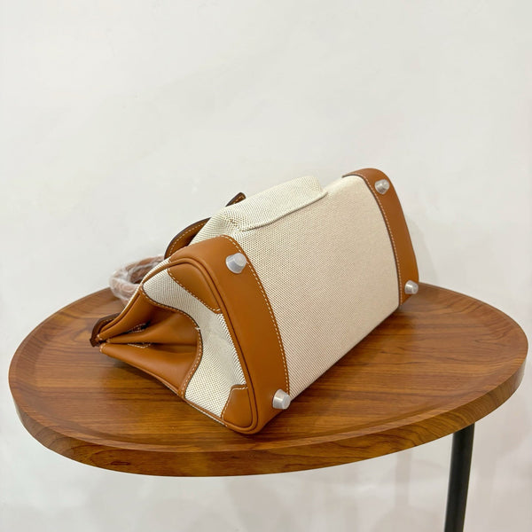 HM Birkin Cargo 25CM Handbag Ivory Brown Swift Canvas