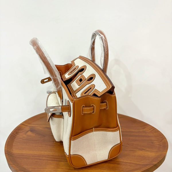 HM Birkin Cargo 25CM Handbag Ivory Brown Swift Canvas