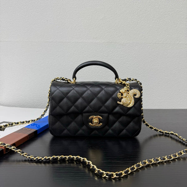 CC 26P Top Handle Classic Flap 20 Squirrel Charm Black Caviar Leather 163715