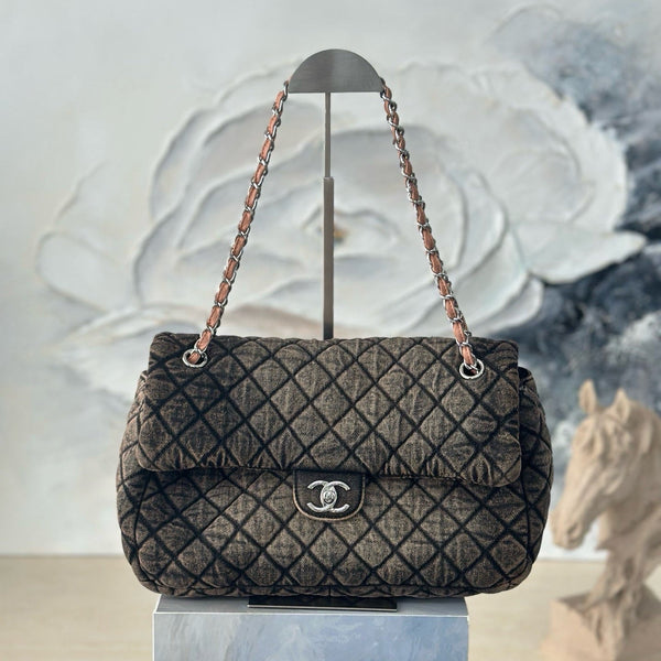CC Quilted 32cm Maxi Flap Bag Army Green Imported Denim Jeans 162935