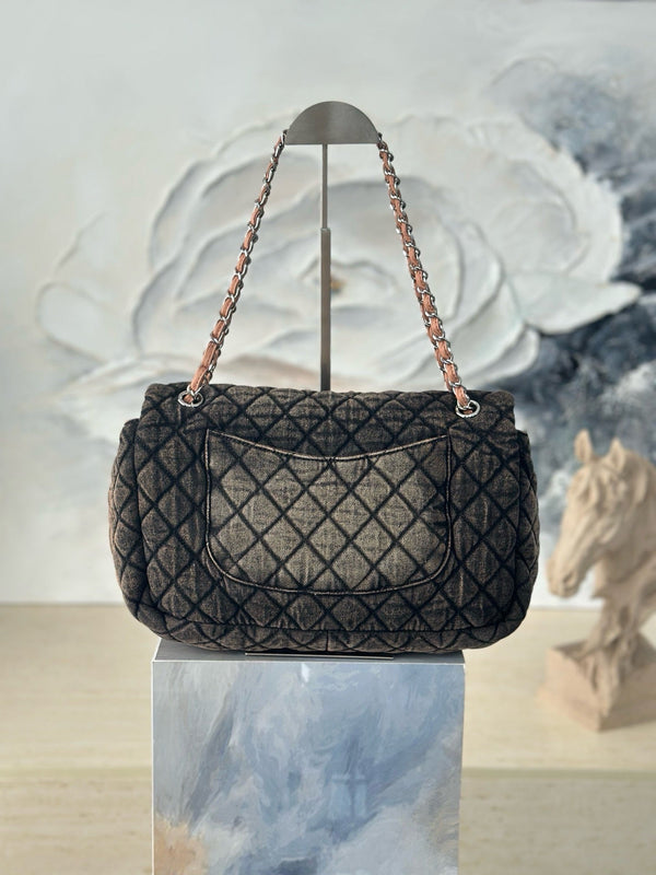 CC Quilted 32cm Maxi Flap Bag Army Green Imported Denim Jeans 162935