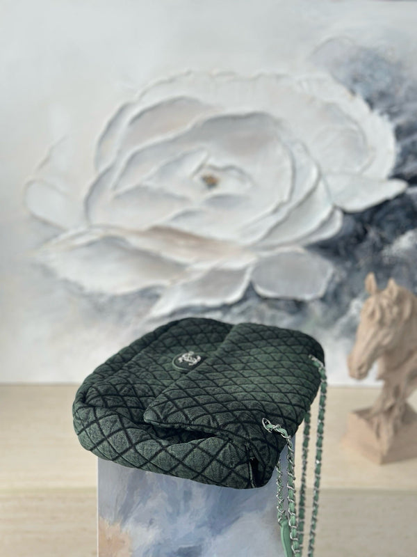 CC Quilted 38.5cm Maxi Flap Bag Green Imported Denim Jeans 162927