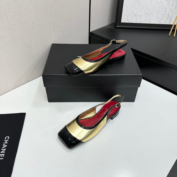CC Slingback Flats Gold Black Patent Leather 944624