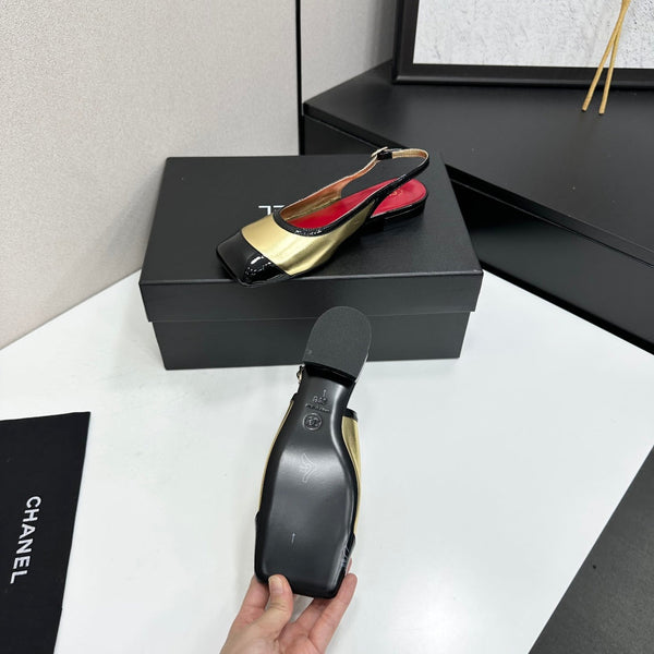 CC Slingback Flats Gold Black Patent Leather 944624