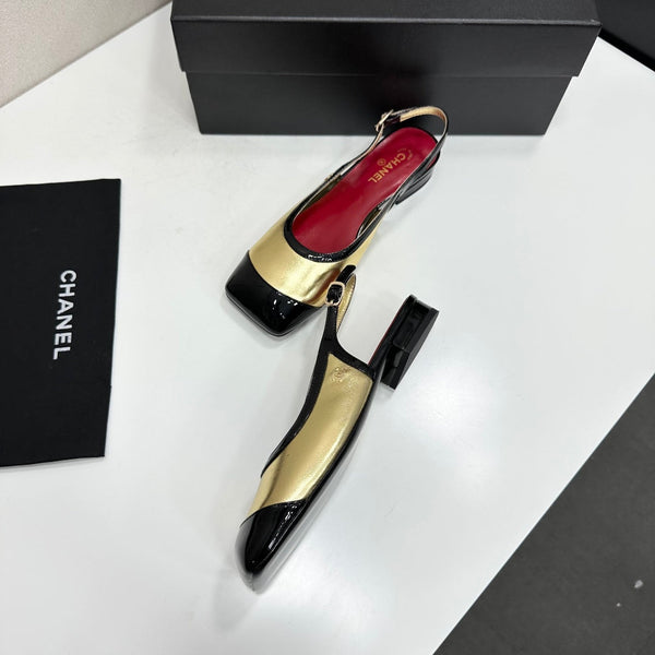 CC Slingback Flats Gold Black Patent Leather 944624