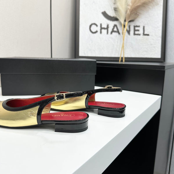 CC Slingback Flats Gold Black Patent Leather 944624