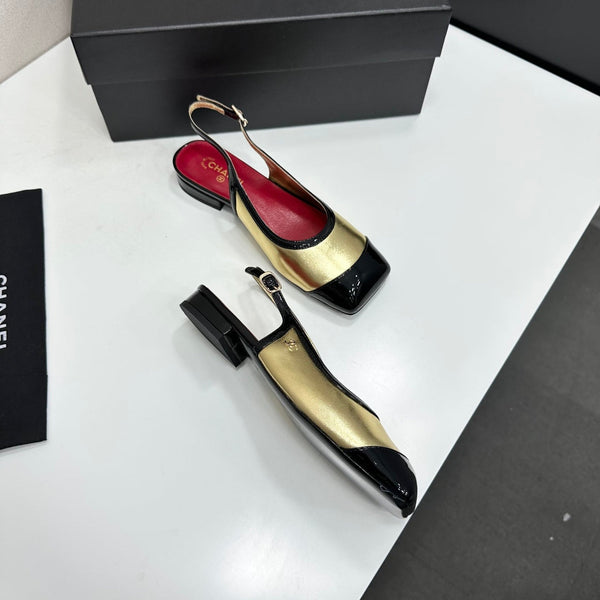 CC Slingback Flats Gold Black Patent Leather 944624