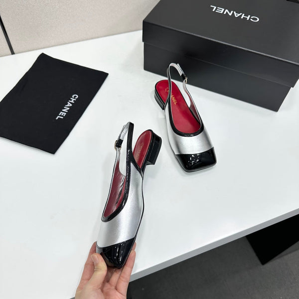CC Slingback Flats Silver Black Patent Leather 944623