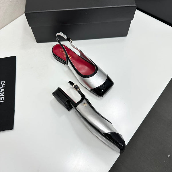 CC Slingback Flats Silver Black Patent Leather 944623