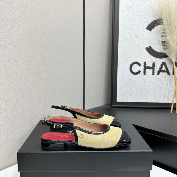 CC Slingback Flats Beige Black Suede Leather 944622