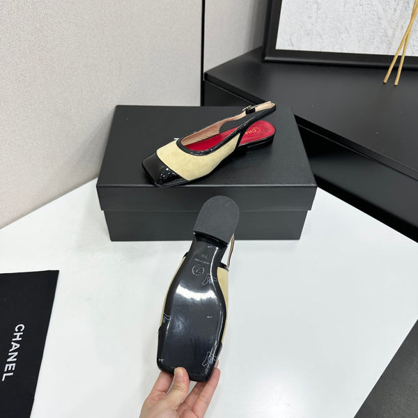 CC Slingback Flats Beige Black Suede Leather 944622