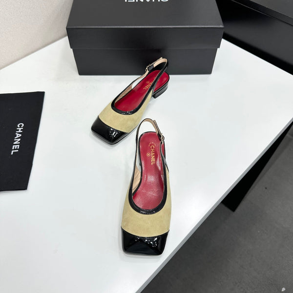 CC Slingback Flats Beige Black Suede Leather 944622