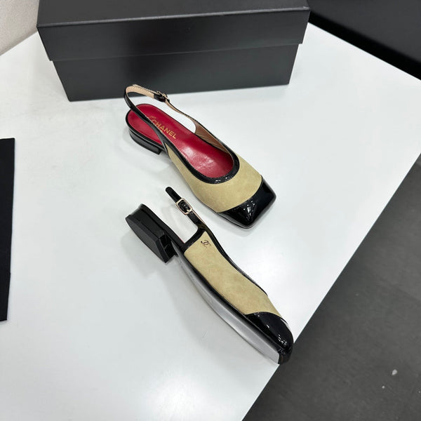 CC Slingback Flats Beige Black Suede Leather 944622
