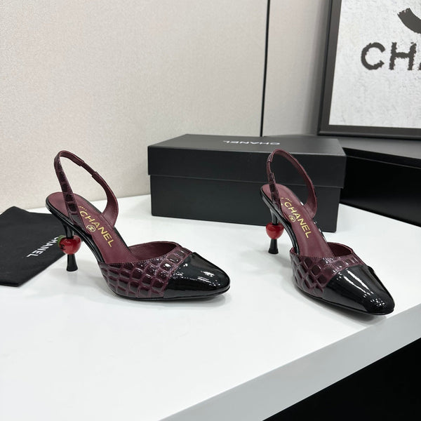 CC Métiers d'Art Apple Heel Slingback Pumps Burgundy Croc-Embossed Patent Leather 944650