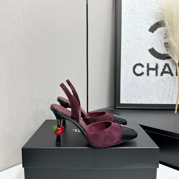 CC Métiers d'Art Apple Heel Slingback Pumps Burgundy Black Suede Leather 944648