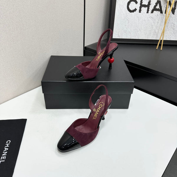 CC Métiers d'Art Apple Heel Slingback Pumps Burgundy Black Suede Leather 944648