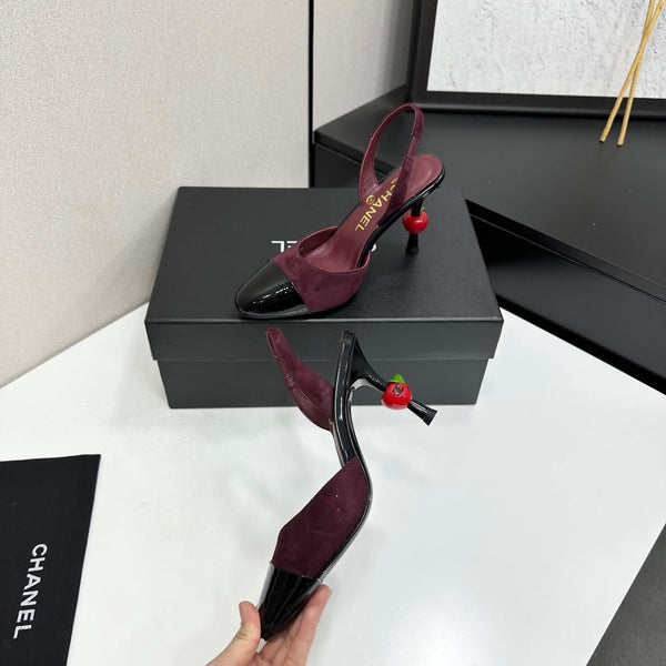 CC Métiers d'Art Apple Heel Slingback Pumps Burgundy Black Suede Leather 944648