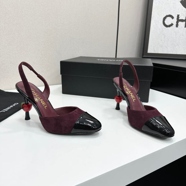 CC Métiers d'Art Apple Heel Slingback Pumps Burgundy Black Suede Leather 944648
