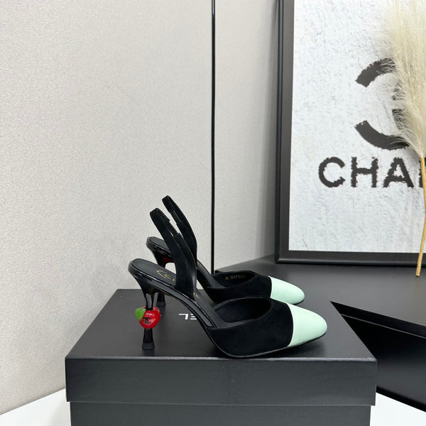 CC Métiers d'Art Apple Heel Slingback Pumps Black Mint Green Suede Leather 944647