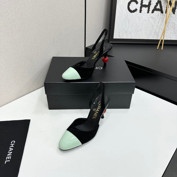 CC Métiers d'Art Apple Heel Slingback Pumps Black Mint Green Suede Leather 944647